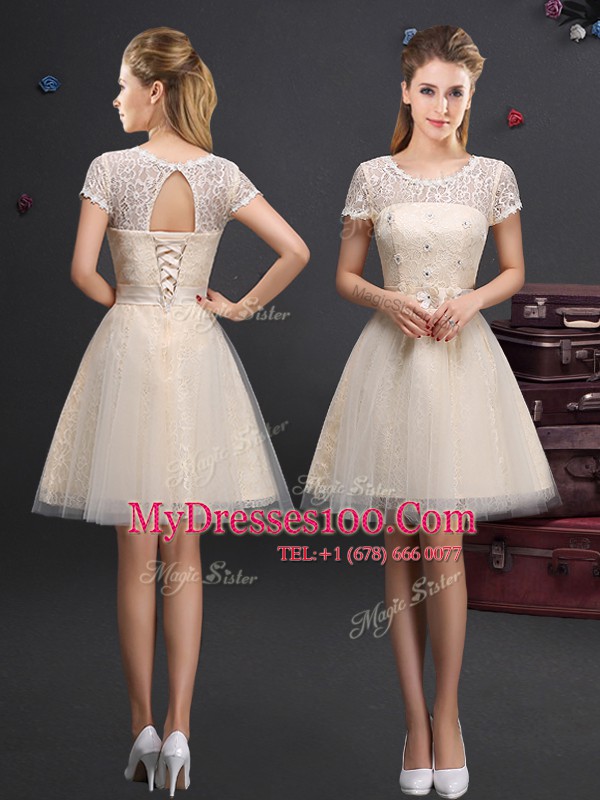 Scoop Short Sleeves Lace Up Mini Length Lace and Appliques and Belt Quinceanera Dama Dress