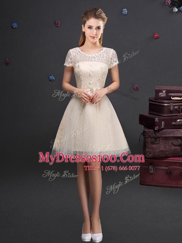Scoop Short Sleeves Lace Up Mini Length Lace and Appliques and Belt Quinceanera Dama Dress