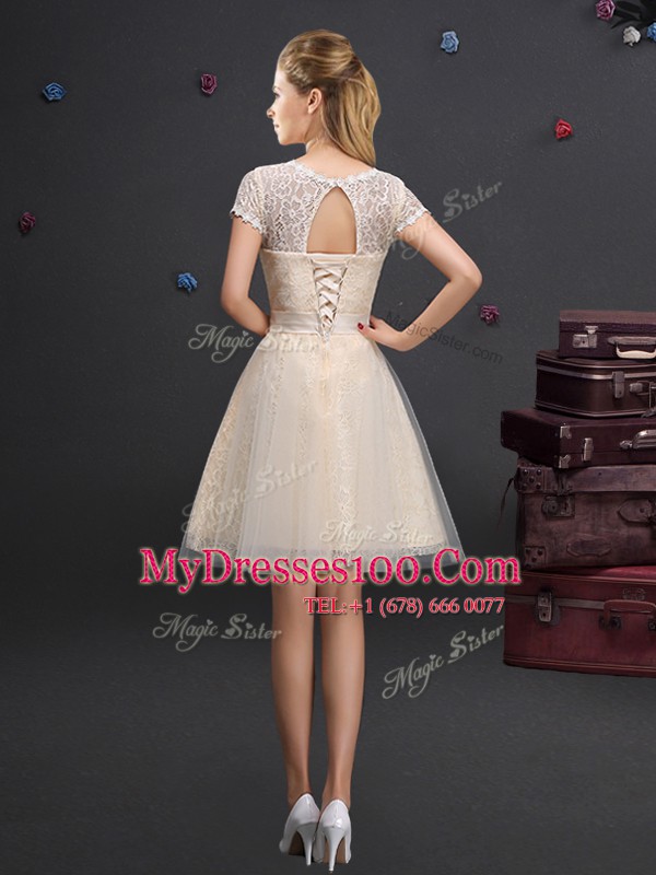 Scoop Short Sleeves Lace Up Mini Length Lace and Appliques and Belt Quinceanera Dama Dress