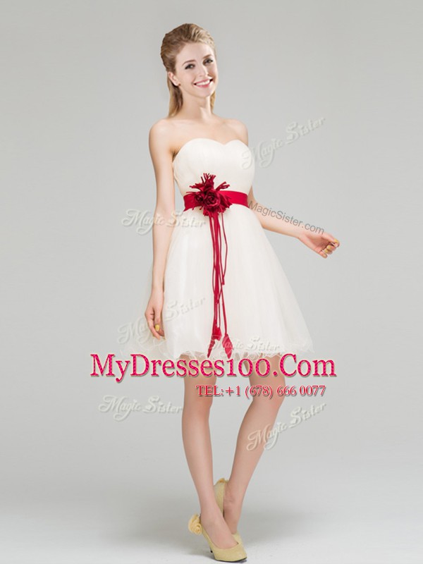Dynamic Sashes ribbons and Hand Made Flower Quinceanera Court of Honor Dress White Zipper Sleeveless Mini Length
