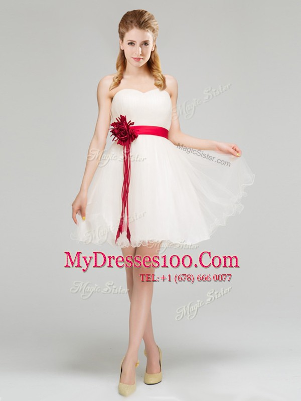 Dynamic Sashes ribbons and Hand Made Flower Quinceanera Court of Honor Dress White Zipper Sleeveless Mini Length