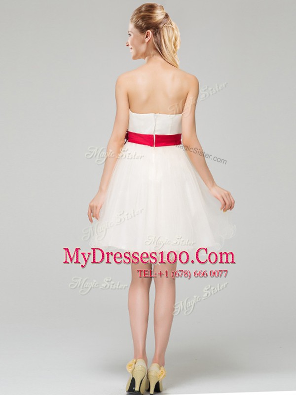 Dynamic Sashes ribbons and Hand Made Flower Quinceanera Court of Honor Dress White Zipper Sleeveless Mini Length