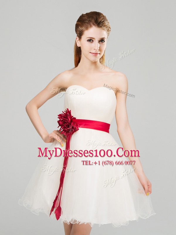 Dynamic Sashes ribbons and Hand Made Flower Quinceanera Court of Honor Dress White Zipper Sleeveless Mini Length