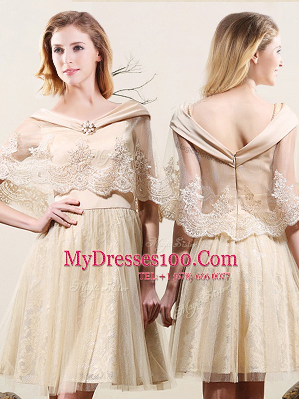 Champagne Sleeveless Tulle and Lace Zipper Dama Dress for Prom and Party and Wedding Party
