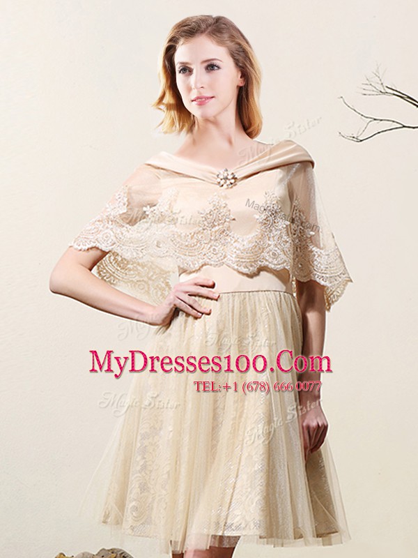 Champagne Sleeveless Tulle and Lace Zipper Dama Dress for Prom and Party and Wedding Party