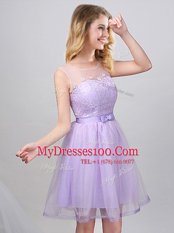 Off the Shoulder Lavender Tulle Lace Up Wedding Guest Dresses Sleeveless Mini Length Lace and Appliques and Belt
