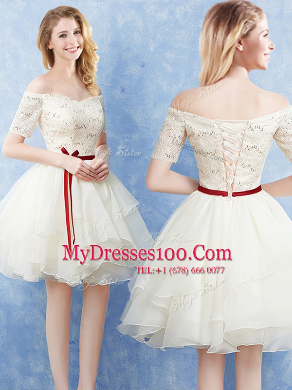 Off the Shoulder Champagne A-line Lace and Ruffles and Belt Quinceanera Dama Dress Lace Up Organza Short Sleeves Mini Length
