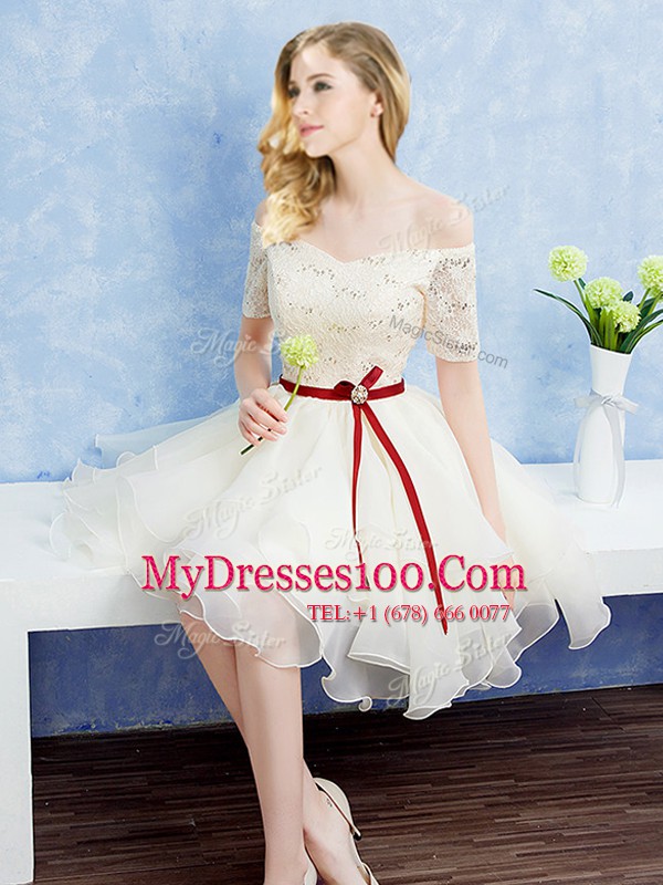 Off the Shoulder Champagne A-line Lace and Ruffles and Belt Quinceanera Dama Dress Lace Up Organza Short Sleeves Mini Length