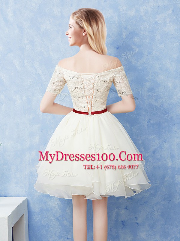 Off the Shoulder Champagne A-line Lace and Ruffles and Belt Quinceanera Dama Dress Lace Up Organza Short Sleeves Mini Length