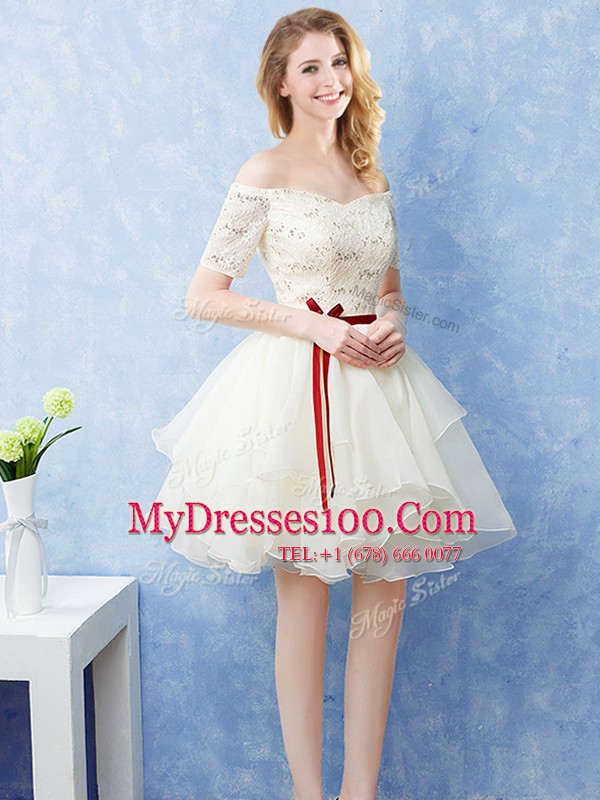 Off the Shoulder Champagne A-line Lace and Ruffles and Belt Quinceanera Dama Dress Lace Up Organza Short Sleeves Mini Length