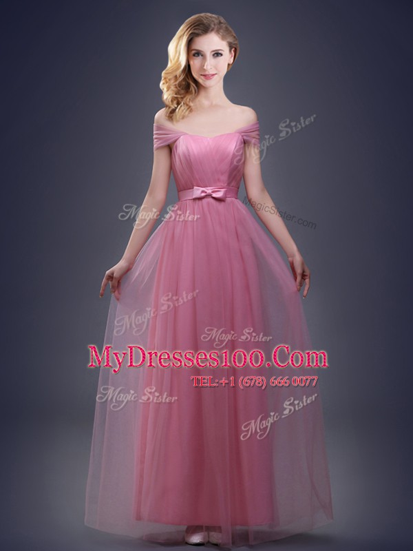 Attractive Off The Shoulder Sleeveless Vestidos de Damas Floor Length Ruching and Bowknot Pink Tulle