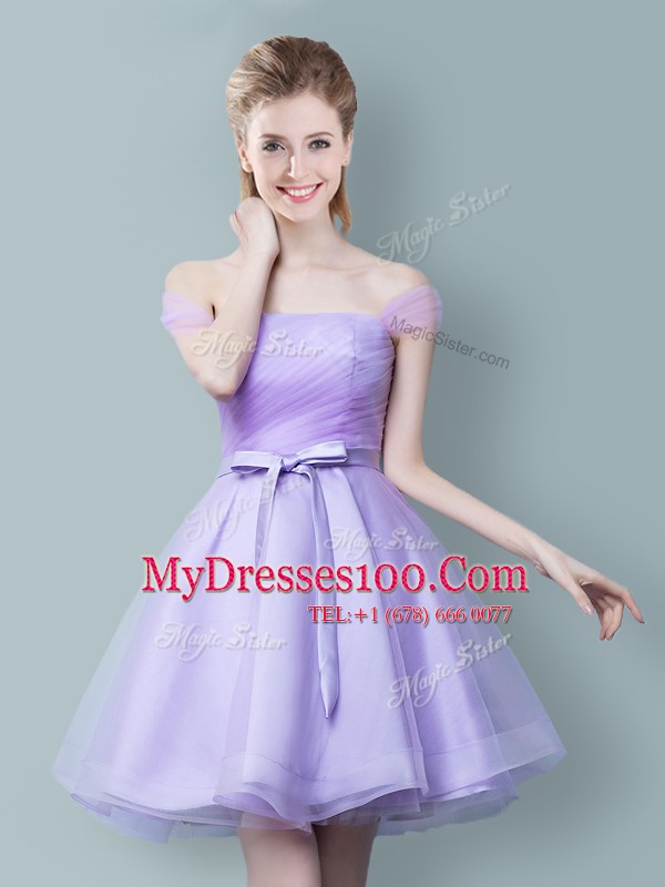 Lavender Empire Tulle Off The Shoulder Sleeveless Ruching and Bowknot Knee Length Zipper Damas Dress