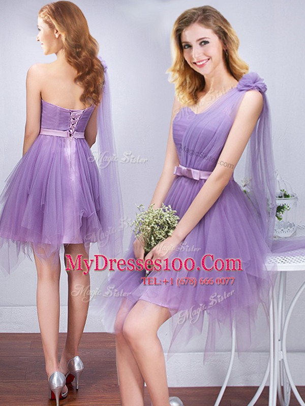 Dramatic One Shoulder Sleeveless Lace Up Bridesmaid Dress Lavender Tulle