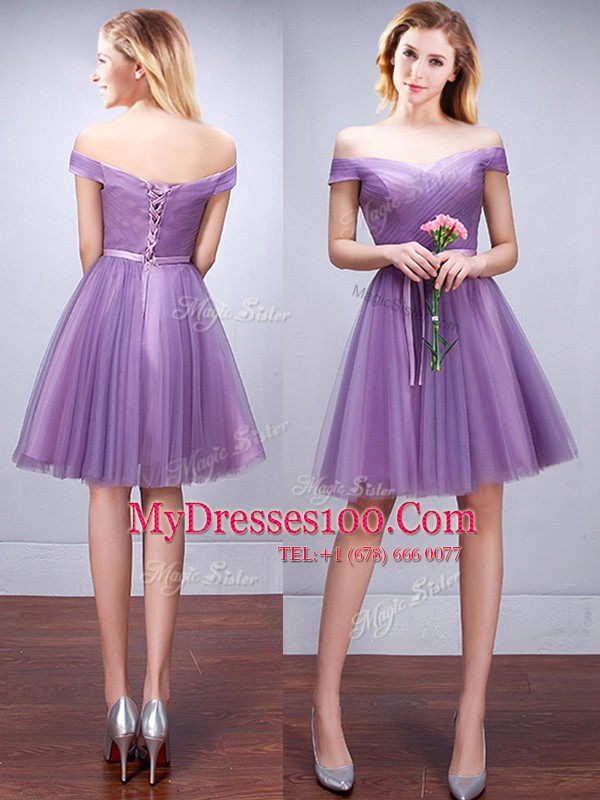 Dramatic One Shoulder Sleeveless Lace Up Bridesmaid Dress Lavender Tulle