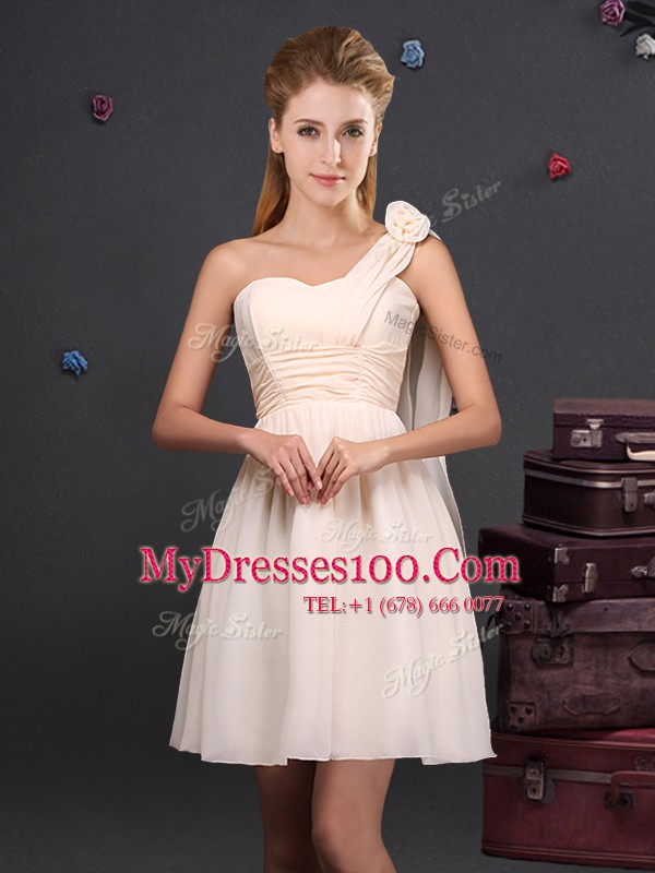 One Shoulder Sleeveless Dama Dress Mini Length Ruching and Hand Made Flower Champagne Chiffon