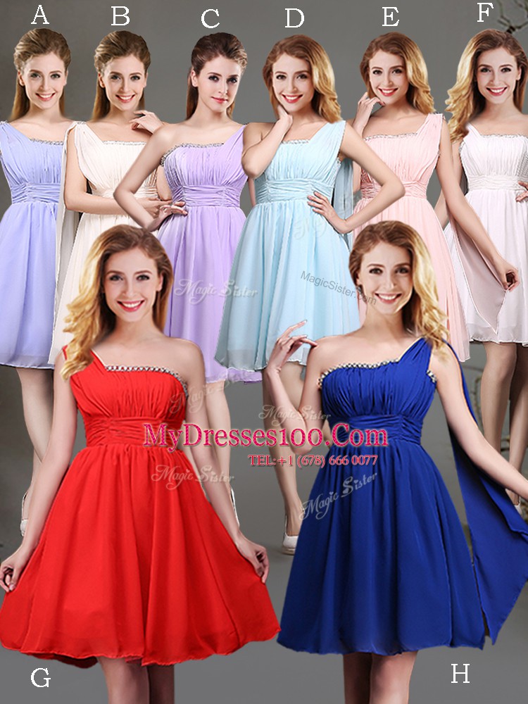 Top Selling One Shoulder Chiffon Sleeveless Mini Length Wedding Guest Dresses and Beading and Ruching