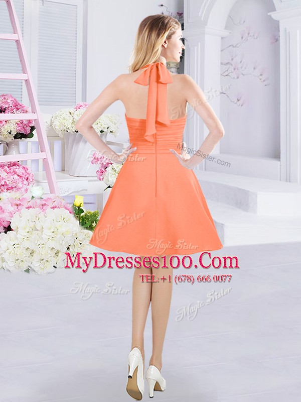 Halter Top Mini Length Zipper Wedding Party Dress Orange for Prom and Party and Wedding Party with Ruching