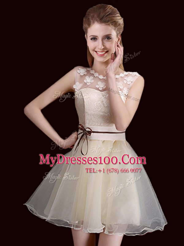 Edgy Champagne Bridesmaid Dresses Prom and Party and Wedding Party and For with Lace and Appliques and Belt V-neck Sleeveless Lace Up