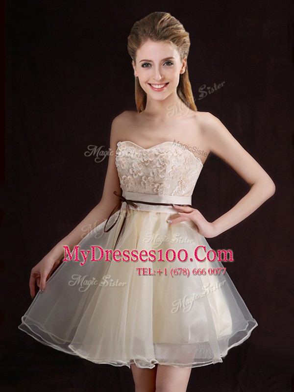 Edgy Champagne Bridesmaid Dresses Prom and Party and Wedding Party and For with Lace and Appliques and Belt V-neck Sleeveless Lace Up