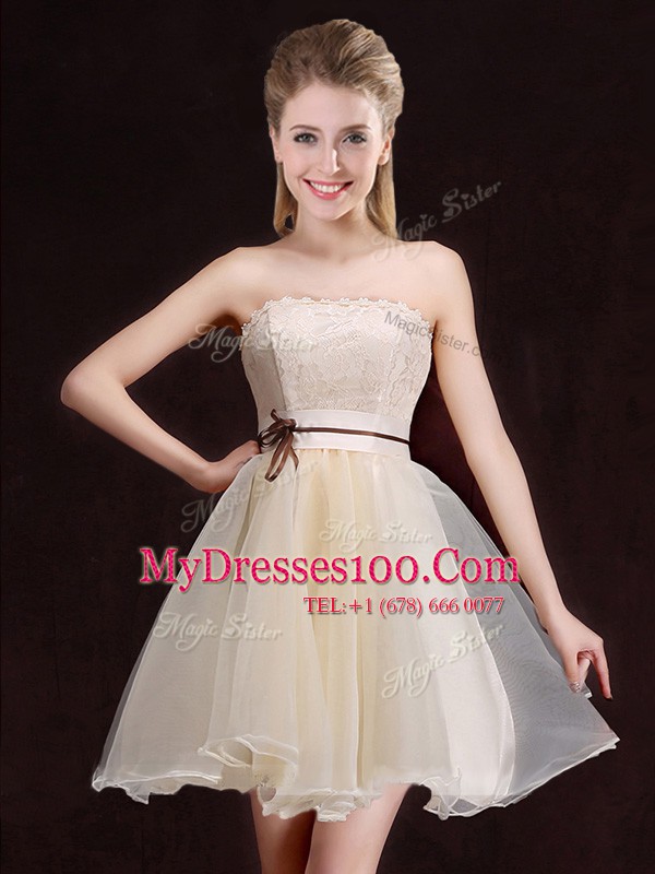 Edgy Champagne Bridesmaid Dresses Prom and Party and Wedding Party and For with Lace and Appliques and Belt V-neck Sleeveless Lace Up