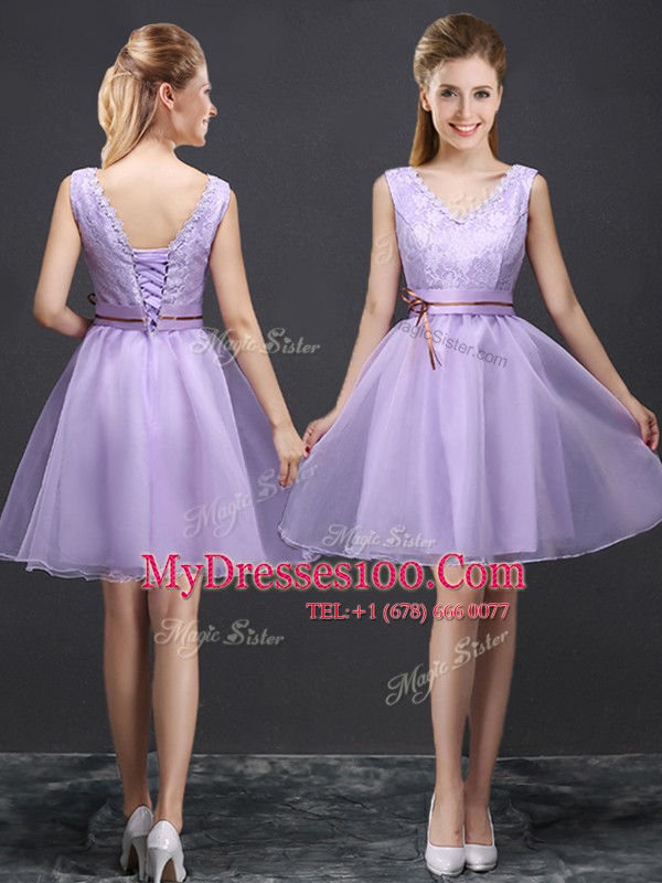 Colorful Lavender V-neck Lace Up Lace and Appliques and Belt Bridesmaid Dresses Sleeveless
