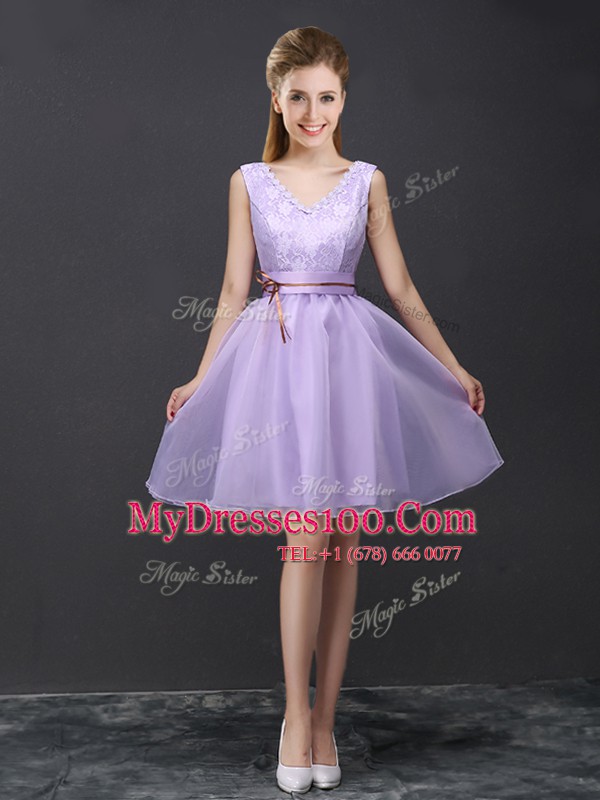 Colorful Lavender V-neck Lace Up Lace and Appliques and Belt Bridesmaid Dresses Sleeveless