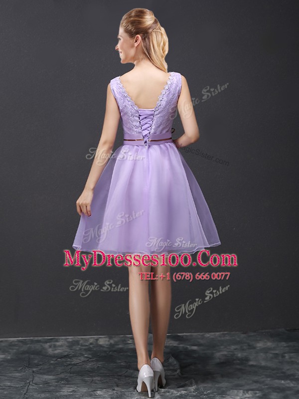 Colorful Lavender V-neck Lace Up Lace and Appliques and Belt Bridesmaid Dresses Sleeveless