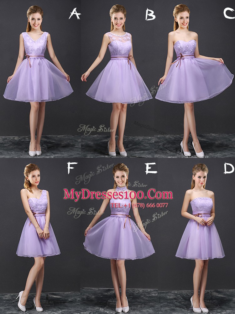 Colorful Lavender V-neck Lace Up Lace and Appliques and Belt Bridesmaid Dresses Sleeveless