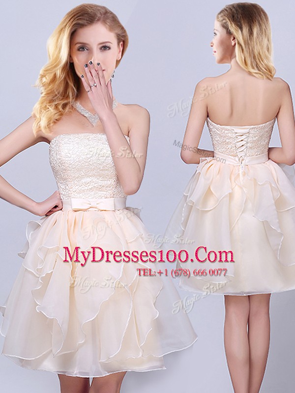 Champagne A-line Strapless Sleeveless Organza Mini Length Lace Up Lace and Ruffles and Belt Bridesmaid Gown