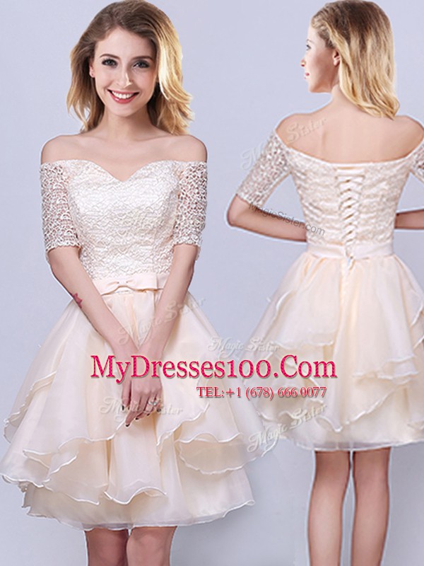 Champagne A-line Strapless Sleeveless Organza Mini Length Lace Up Lace and Ruffles and Belt Bridesmaid Gown