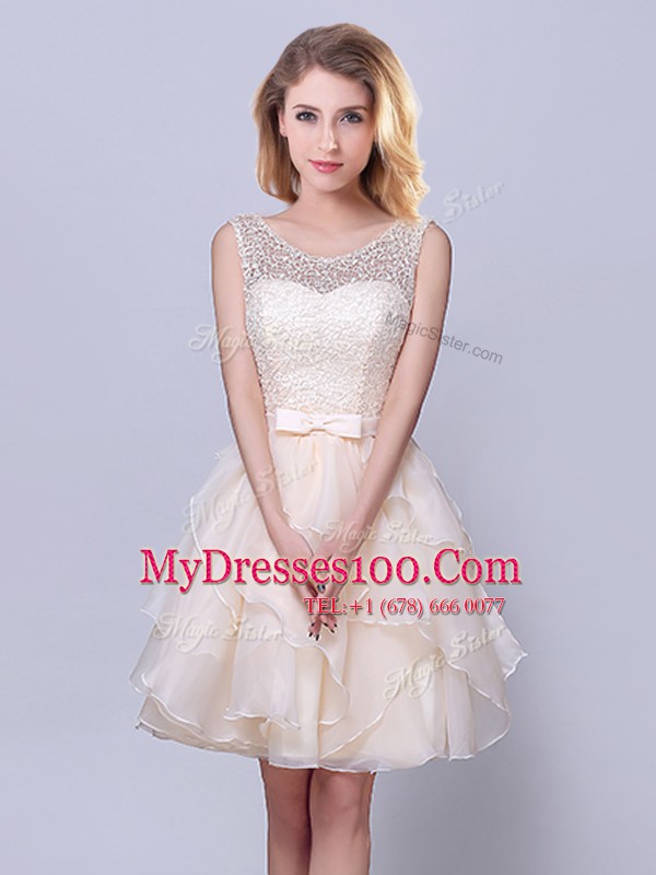 Champagne A-line Strapless Sleeveless Organza Mini Length Lace Up Lace and Ruffles and Belt Bridesmaid Gown