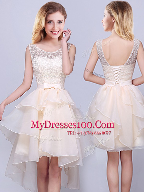 Champagne A-line Strapless Sleeveless Organza Mini Length Lace Up Lace and Ruffles and Belt Bridesmaid Gown
