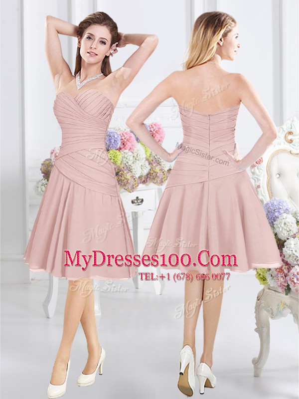 Ruching Wedding Guest Dresses Pink Zipper Sleeveless Knee Length
