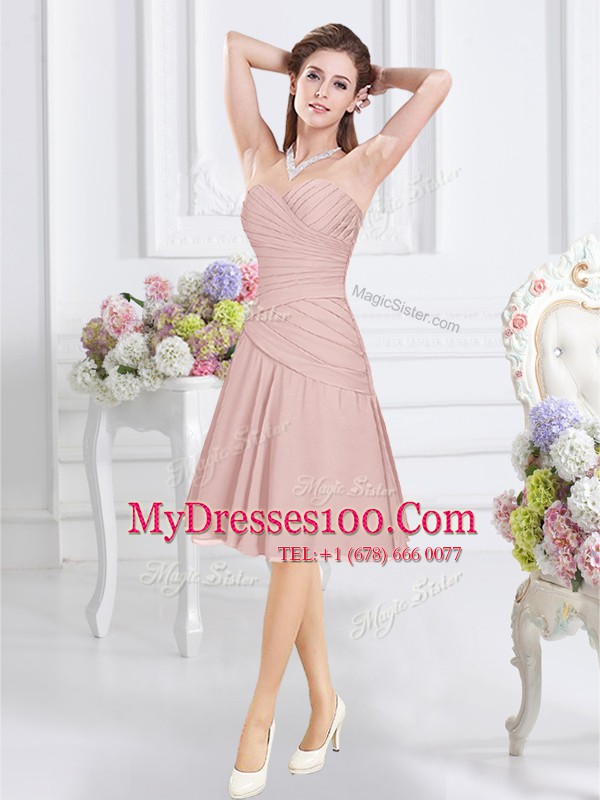 Ruching Wedding Guest Dresses Pink Zipper Sleeveless Knee Length