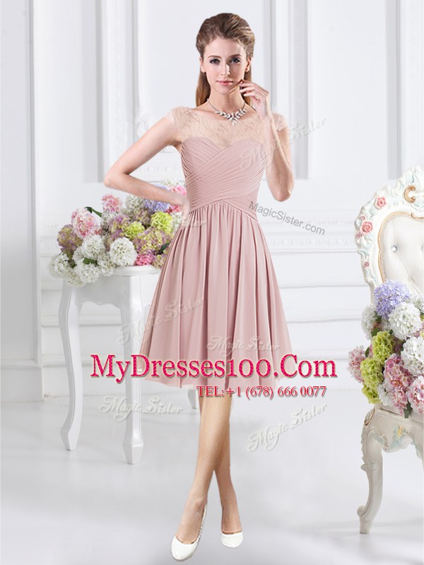 Discount Scoop Cap Sleeves Bridesmaids Dress Knee Length Lace and Ruching Pink Chiffon