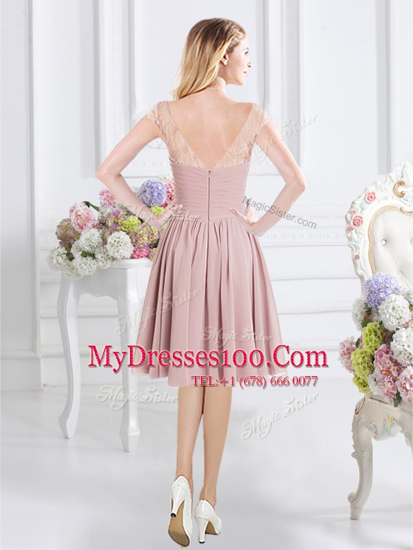 Discount Scoop Cap Sleeves Bridesmaids Dress Knee Length Lace and Ruching Pink Chiffon
