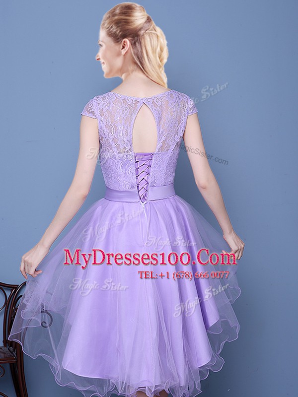 Attractive Lavender A-line Tulle Scoop Cap Sleeves Lace High Low Lace Up Damas Dress