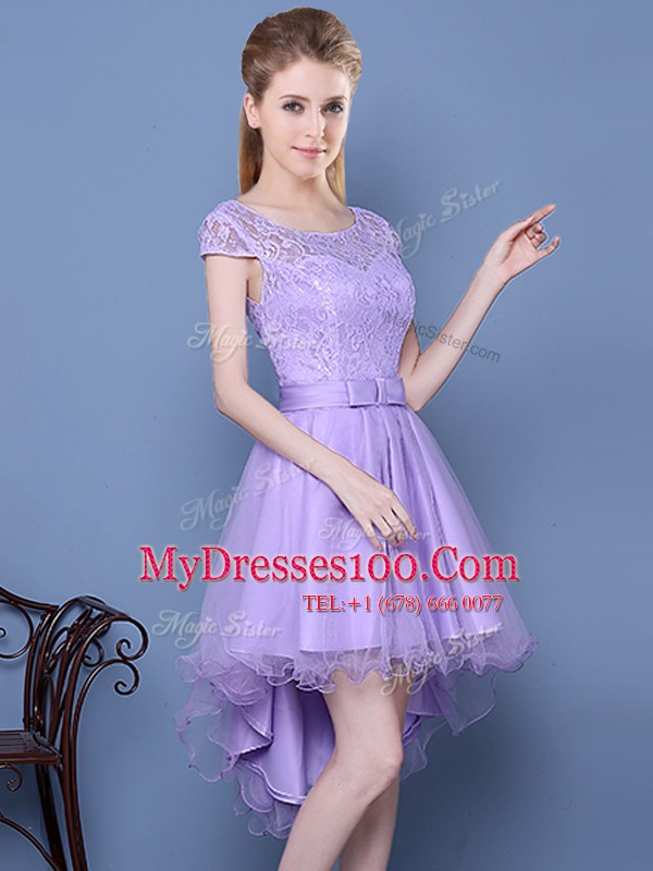 Attractive Lavender A-line Tulle Scoop Cap Sleeves Lace High Low Lace Up Damas Dress