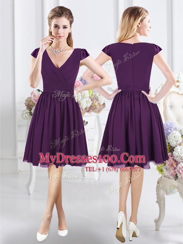 Nice Purple V-neck Zipper Ruching Vestidos de Damas Cap Sleeves