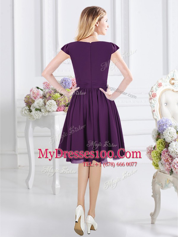 Nice Purple V-neck Zipper Ruching Vestidos de Damas Cap Sleeves