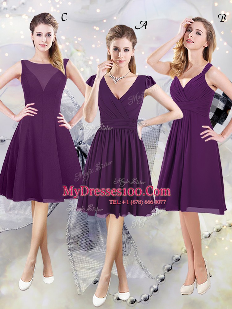 Nice Purple V-neck Zipper Ruching Vestidos de Damas Cap Sleeves