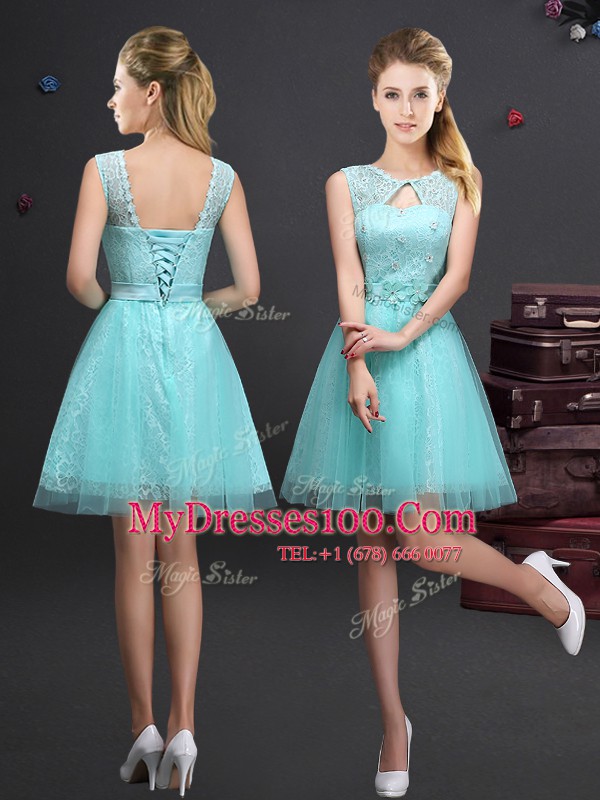 Scoop Mini Length Aqua Blue Bridesmaid Dresses Tulle Sleeveless Lace and Appliques and Belt