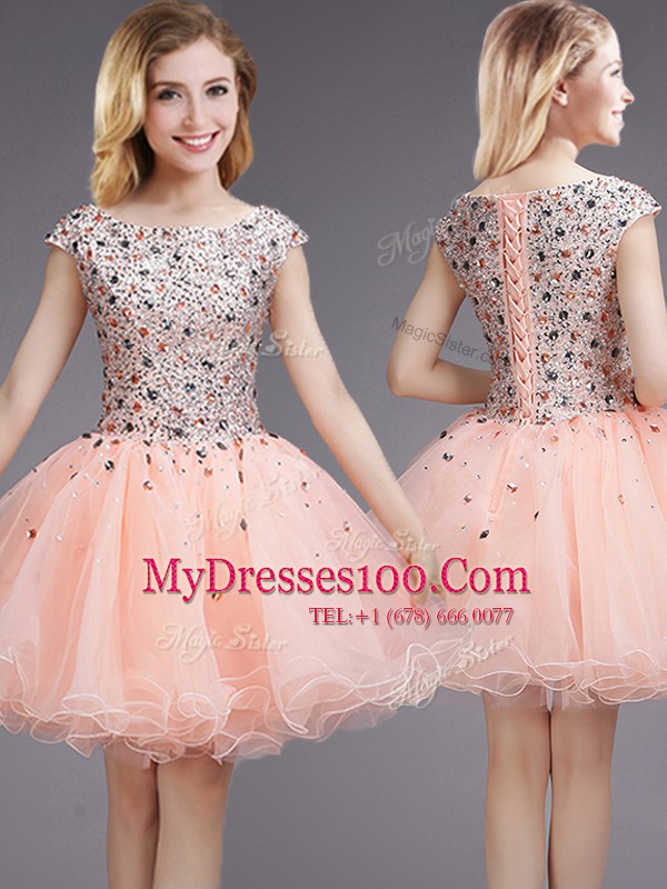 Flare Pink Cap Sleeves Mini Length Beading and Sequins Lace Up Dama Dress
