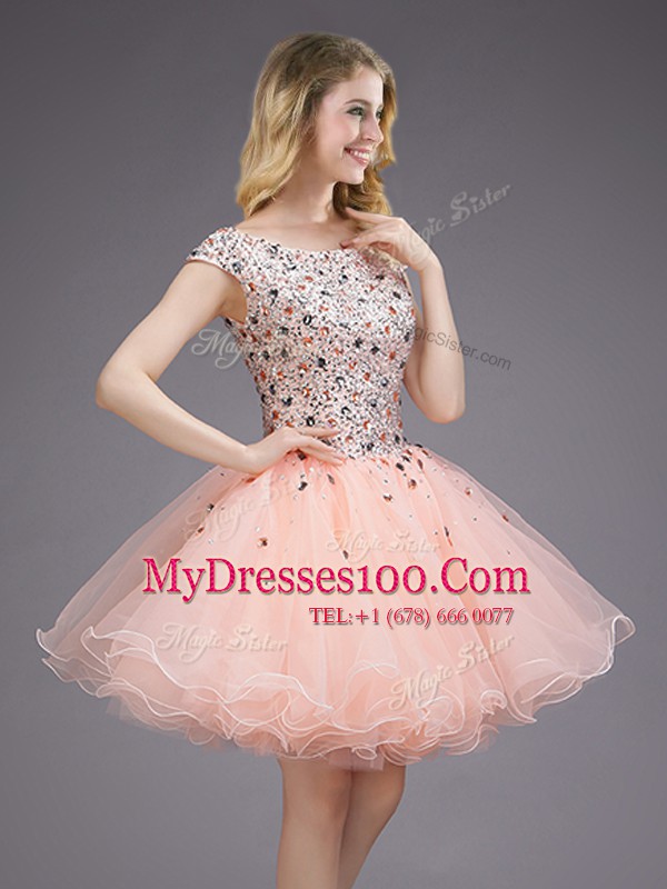 Flare Pink Cap Sleeves Mini Length Beading and Sequins Lace Up Dama Dress