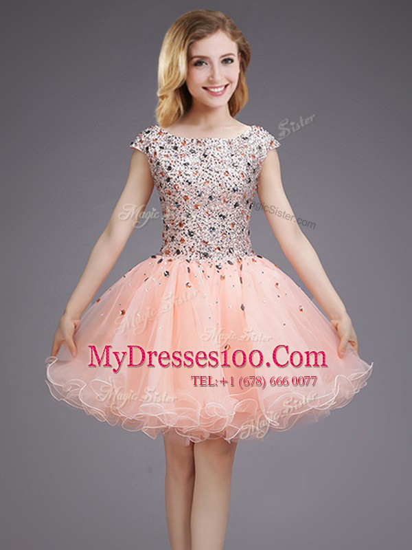 Flare Pink Cap Sleeves Mini Length Beading and Sequins Lace Up Dama Dress