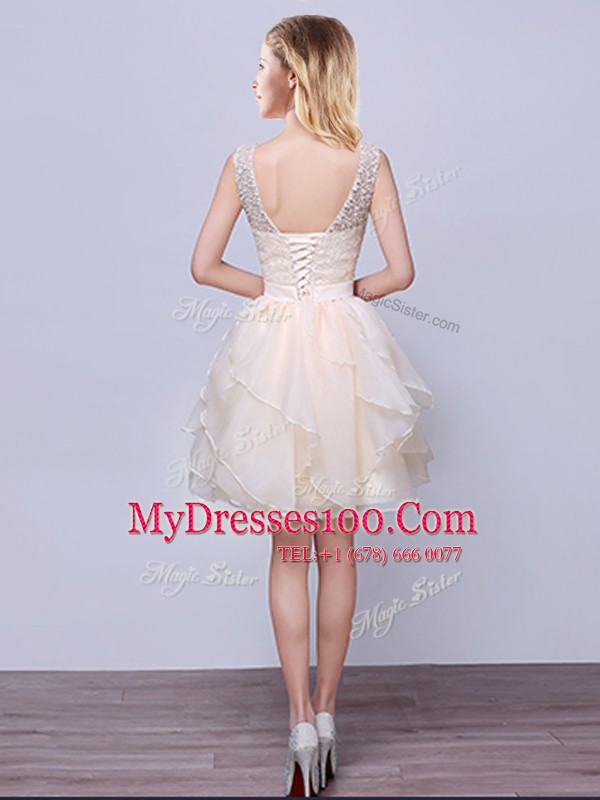 Glittering Champagne A-line Organza Scoop Sleeveless Lace and Ruffles and Belt Mini Length Lace Up Dama Dress for Quinceanera
