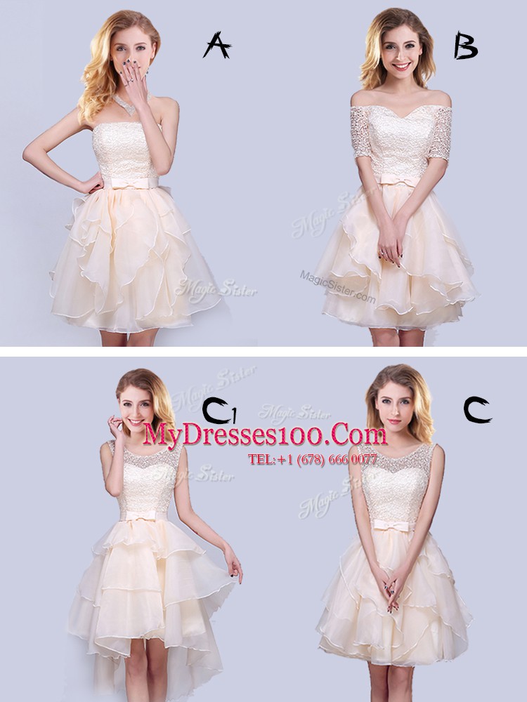 Glittering Champagne A-line Organza Scoop Sleeveless Lace and Ruffles and Belt Mini Length Lace Up Dama Dress for Quinceanera