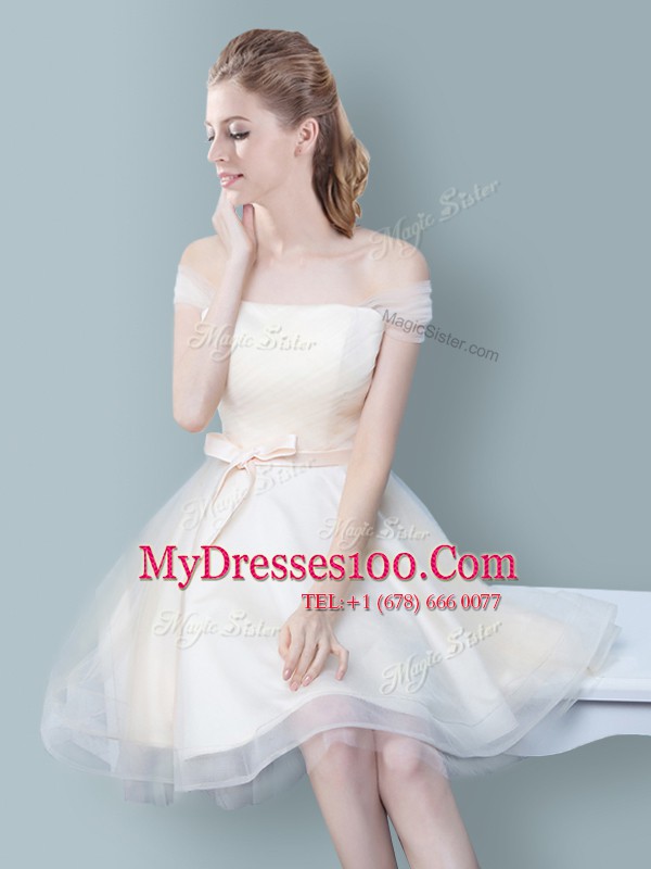Ideal Champagne Zipper Off The Shoulder Ruching and Bowknot Damas Dress Tulle Sleeveless