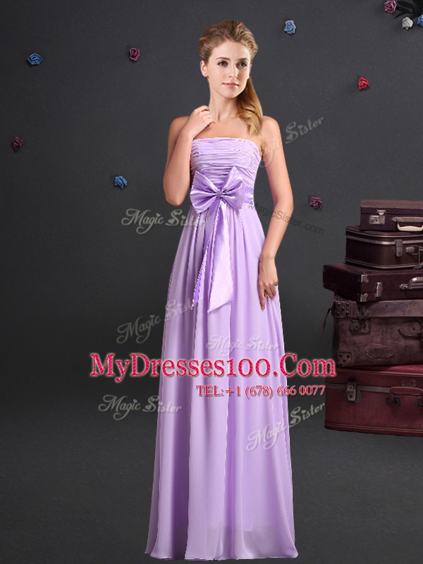 Sleeveless Floor Length Ruching and Bowknot Zipper Bridesmaid Gown with Lavender