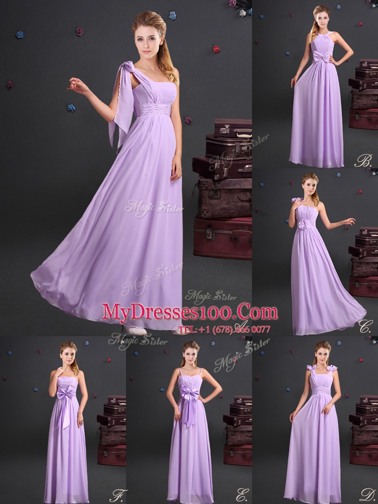 Sleeveless Floor Length Ruching and Bowknot Zipper Bridesmaid Gown with Lavender